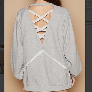 POL Heather Grey Cotton Oversized Criss Cross Back Detail Sweater top